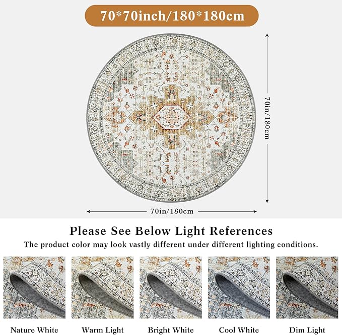 Moynesa Ultra-Thin Washable Round Rug - 6ft Large Living Room Circle Area Rugs, Vintage Dining Room Mat Stain Resistant Nursery Carpet for Bedroom Mudroom Kitchen Apartment Home Office