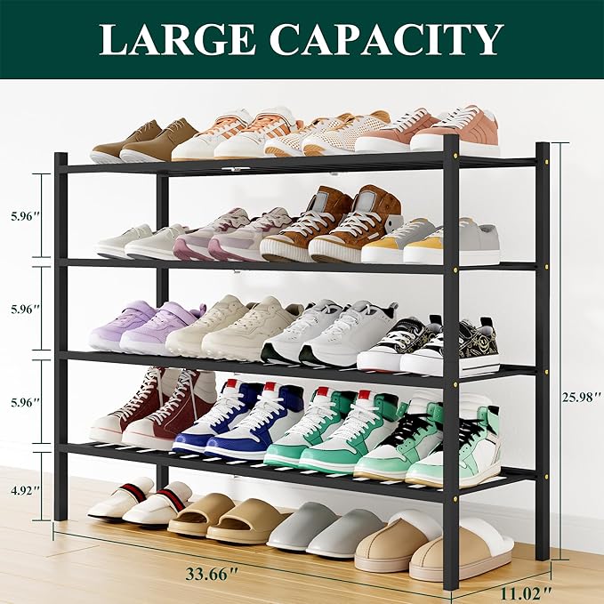 Smiry Shoe Rack, 4 Tier Long Bamboo Shoe Organizer, Stackable Free Standing Wooden Shoe Storage Shelf for Closet, Entryway, Front Door Entrance, Black