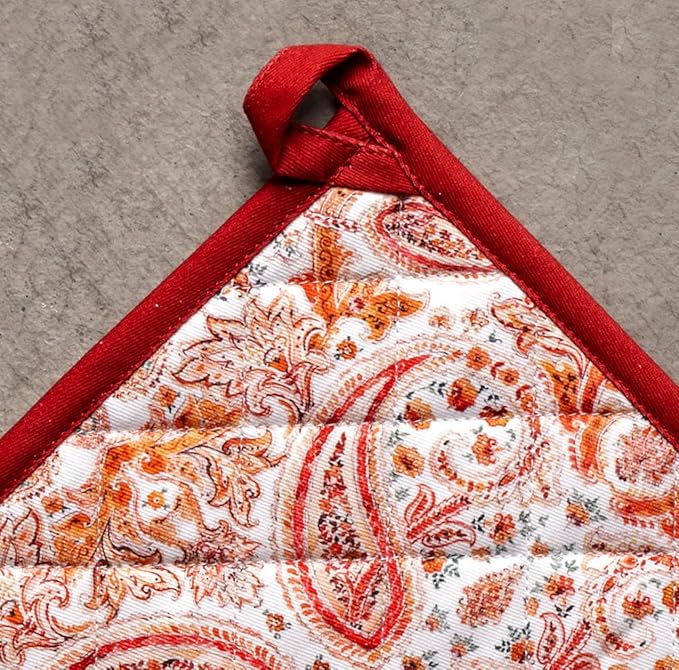 Maison d' Hermine Pot Holders 100% Cotton Heat Resistant Potholders 8" x 8" Hot Pads with Loop for Thanksgiving Christmas Decorations BBQ Cooking Baking Handling Hot Pans (Pack of 1, Orient)