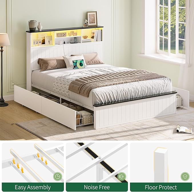 Yoobure Queen Bed Frame with Headboard - Farmhouse Wood Bed Frames Queen Size with 4 Storage Drawers, Platform Beds with Charging Station & LED Light, No Noise Double Bedframe, No Box Spring Needed