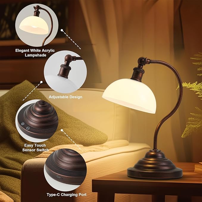Cordless LED Table Lamp Set of Two, Swing Arm Desk Lamp, Rechargeable, Dimmable/3 Color/Memory Function, Modern Rechargeable Table Light for Living Room,Bedroom,Bedside, Oil Rubbed Bronze