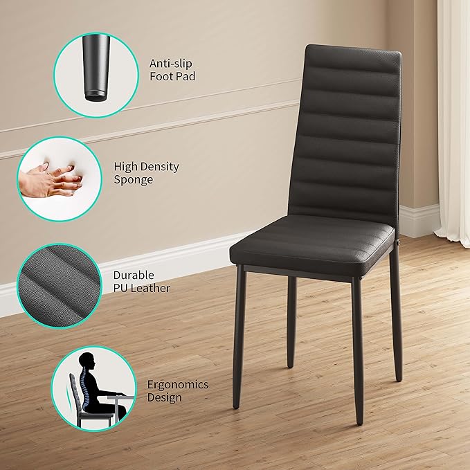 Gizoon 5 Piece Glass Dining Table Set, Kitchen and Chairs for 4, PU Leather Modern Room Sets for Home, Kitchen, Living Room