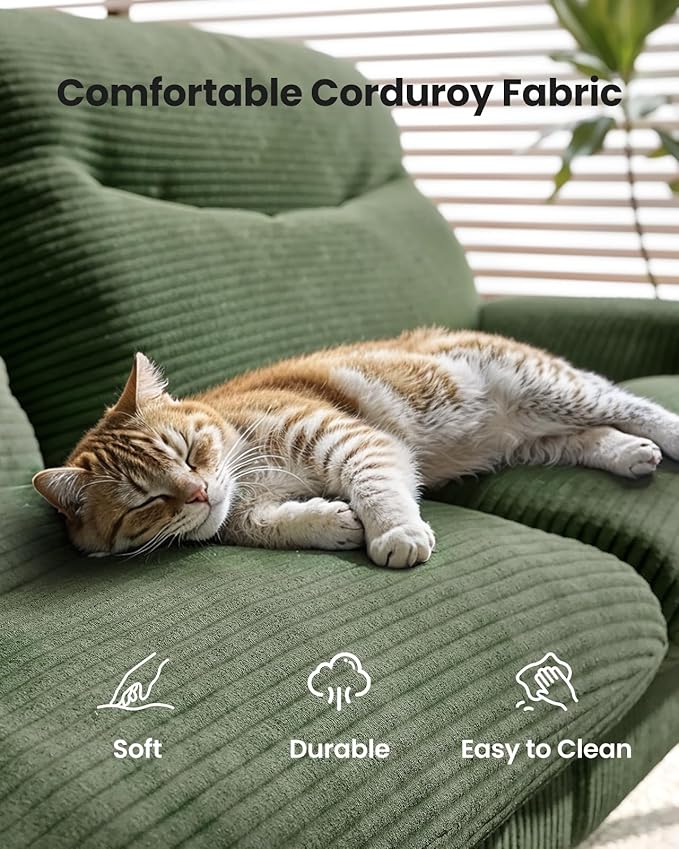 Amada 75" Convertible Futon Sofa Bed, Corduroy Folding Futon Set with Adjustable Backrest &Armrests, Recliner Lounge for Living Room, Apartment or Office, Solid Wood Frame, Loveseat Sofa -Forest Green