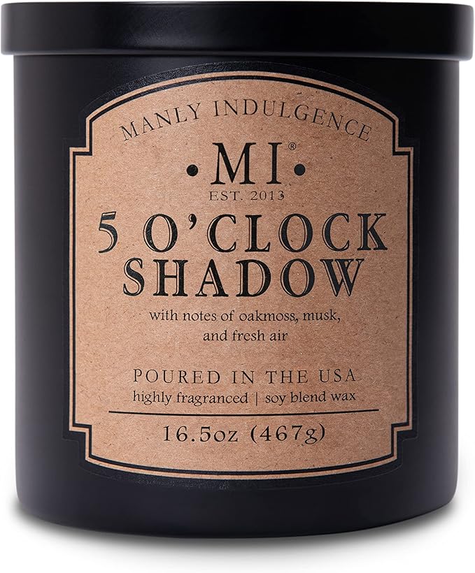 Manly Indulgence 5 O'Clock Shadow Scented Candle for Men 16.5 oz | 2 Wick & 2X Intense Fragrance | Oakmoss, Musk & Fresh Air | Up to 60 Hour Burn, Soy Blend Wax, USA Poured, Black
