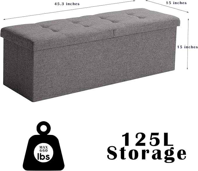CUYOCA 45.3 Inches Storage Ottoman Bench Foldable Seat Footrest Shoe Bench End of Bed Storage with Flipping Lid, 166L Storage Space, Linen Fabric Black