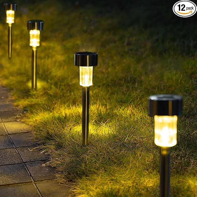 GIGALUMI Solar Pathway Lights, Stainless Steel IP44 Waterproof Auto On/Off Outdoor LED Solar Landscape Lights for Garden, Yard, Patio, Path and Walkway(12 Pack, Warm White)