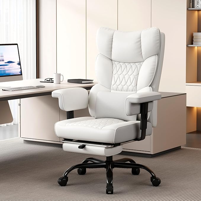 Misolant Big and Tall Office Chair with Footrest, High Back Executive Desk Chair with Adjustable Lift Armrest, 155°Recline，Lumbar Support Pillow, Faux Leather Gaming Chairs for Home or Office White