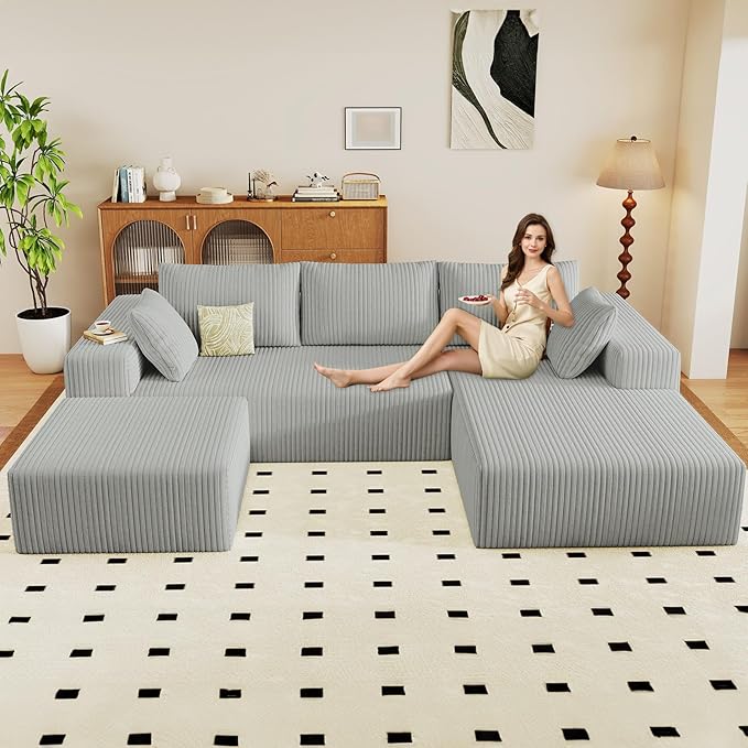 96" U-Shape Cloud Couch, Modern Modular Sectional L-Shape Sofa with Ottoman, Corduroy Upholstered Couches Deep Seat Chaise Longue for Living Room, No Assembly Required(Light Gray, Right Facing)