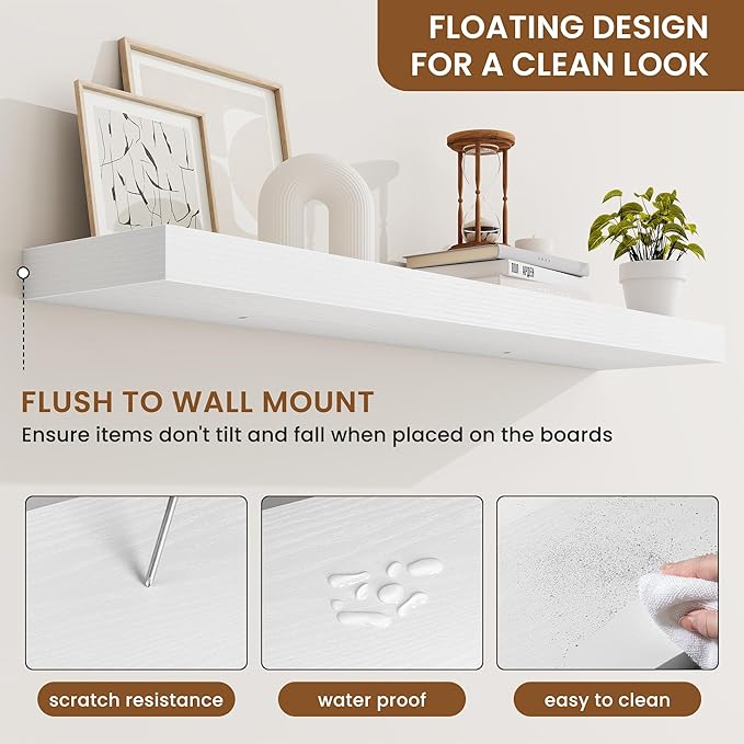 fuqing Floating Shelves for Wall, Wall Mounted Wood Floating Shelf with Invisible Brackets for Living Room, Bathroom, Bedroom, Kitchen Storage and Decor, 40 Inch Set of 2, White