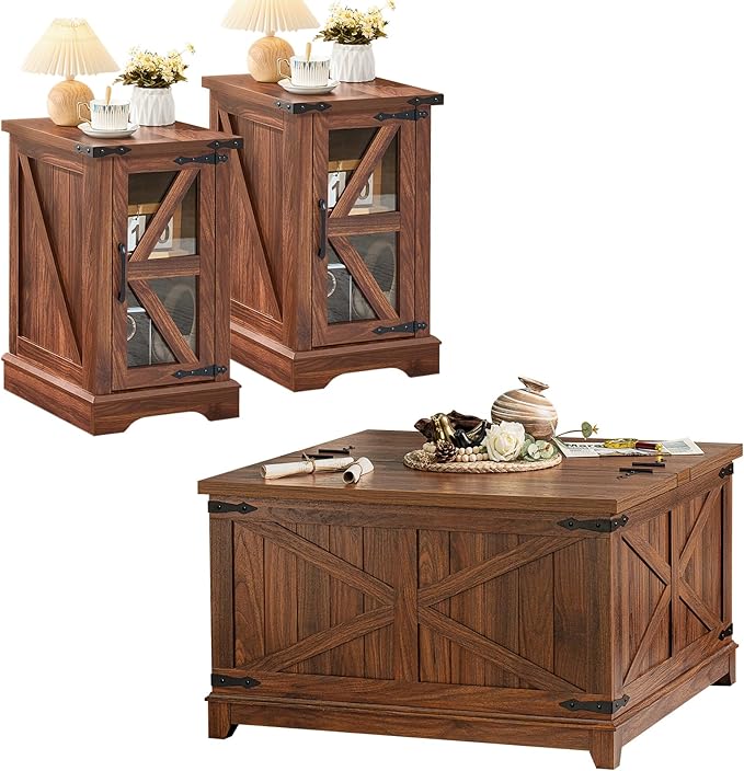 Farmhouse Coffee Table Sets 3 Pieces, Narrow Night Stand with Glass Barn Door Storage, Large Coffee Tables with Hidden Storage Organizer, Wood Furniture Sets for Living Room, Office, Brown