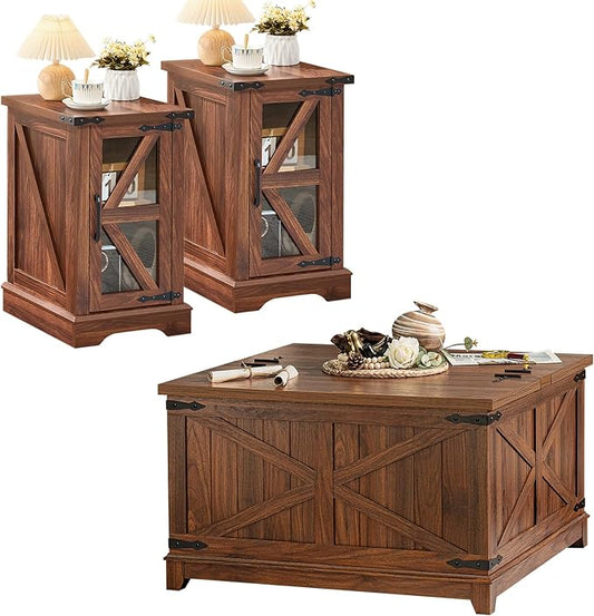 Farmhouse Coffee Table Sets 3 Pieces, Narrow Night Stand with Glass Barn Door Storage, Large Coffee Tables with Hidden Storage Organizer, Wood Furniture Sets for Living Room, Office, Brown