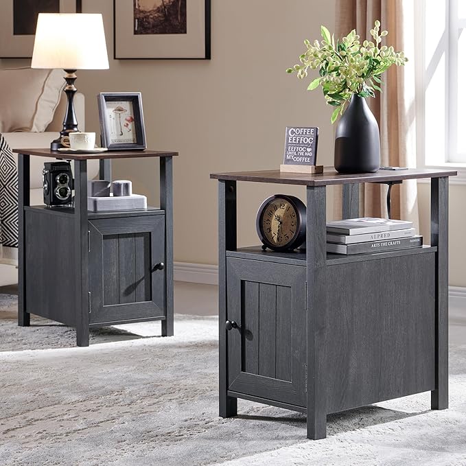 Farmhouse Nightstand Set of 2, End Table with Charging Station, Rustic Side Table w/Barn Door & Open Shelves, Bedside Table w/Storage Space and Storage Cabinet for Bedroom, Living Room Dark Grey