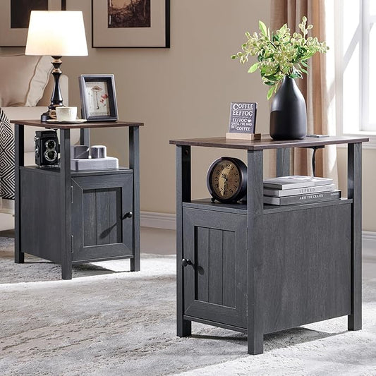 Farmhouse Nightstand Set of 2, End Table with Charging Station, Rustic Side Table w/Barn Door & Open Shelves, Bedside Table w/Storage Space and Storage Cabinet for Bedroom, Living Room Dark Grey