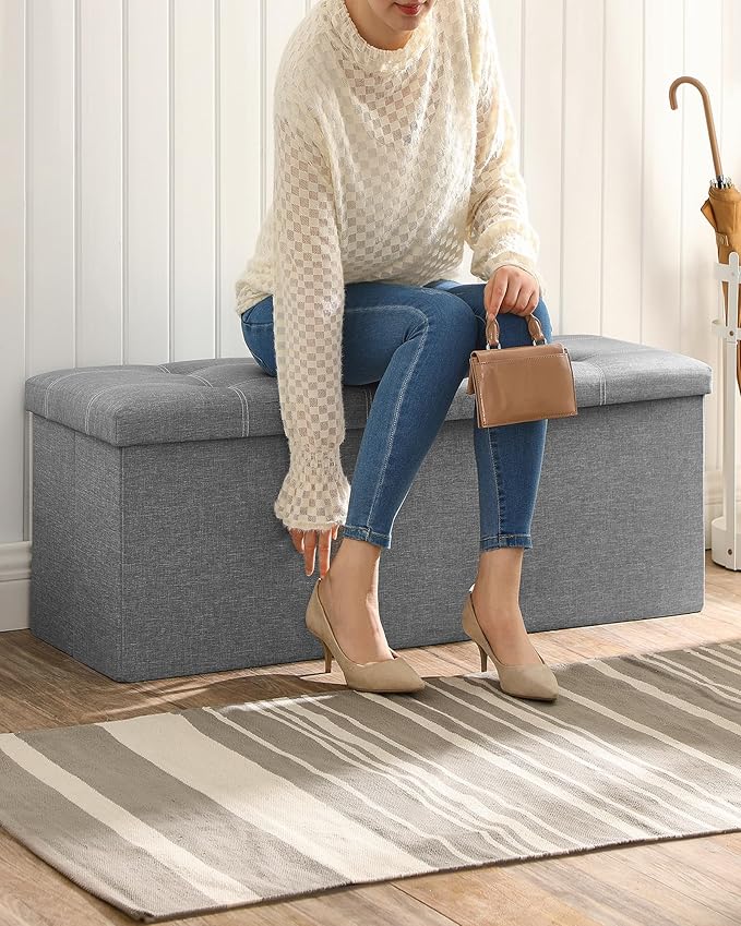 SONGMICS MAZIE Collection - 43 Inches Ottoman Storage Bench, 35 Gal. Folding Chest with Breathable Linen-Look Fabric, Load up to 660 lb, for Entryway, Living Room, Bedroom, Light Gray ULSF077G05