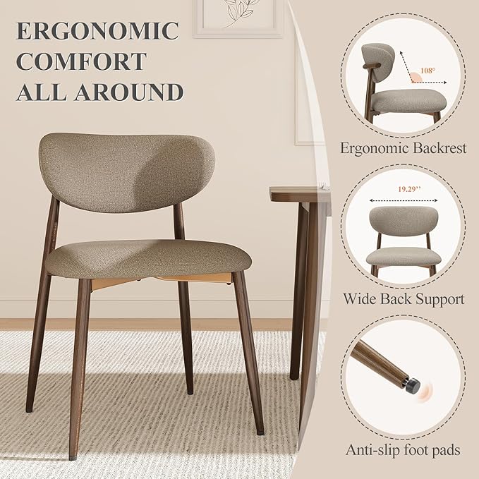 Dining Chairs Set of 6, Upholstered Dining Room Chairs with Metal Legs and Anti Slip Pads, Curved Back Kitchen Chair for Home and Restaurant Use, Camel