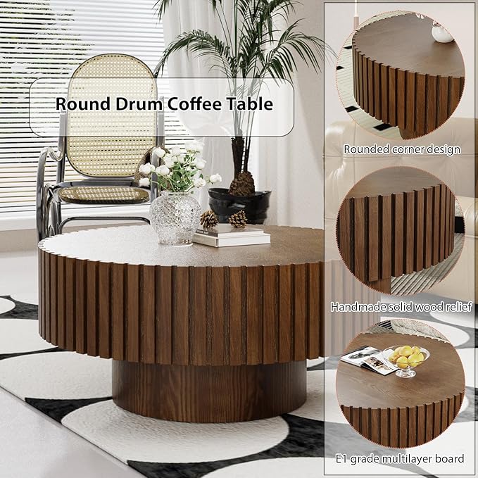 Round Coffee Table, Handcrafted Fluted Drum Coffee Tables Modern Wood Coffee Table Circle Drum Center Table for Living Room, Apartment (Round Brown)