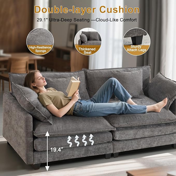 77" Cloud Sofa Loveseat & Couch｜Small 2-Seater Chenille Sectional Sofa with 29.1" Deep Seat｜FSC Certified Solid Wood & Metal Frame｜Easy Assembly & 1YR Guarantee｜ for Apartment Living Room｜Grey