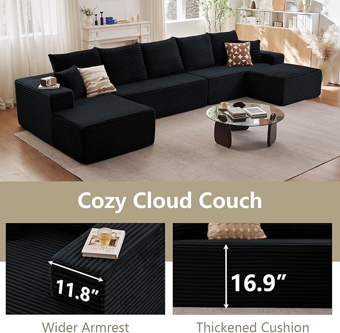 166.9" L-Shape Sofa with Ottoman, Modern Modular Sectional Comfy U-Shape Cloud Couch, Deep Seat, Upholstered Corduroy Sleeper Chaise Longue for Living Room Bedroom, No Assembly Required, Black