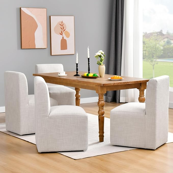 DUHOME Upholstered Dining Chair with Casters - Set of 4, Armless Modern Rolling Linen Dining Chairs with Wheels for Dining, Bedroom, Reading, Living Room