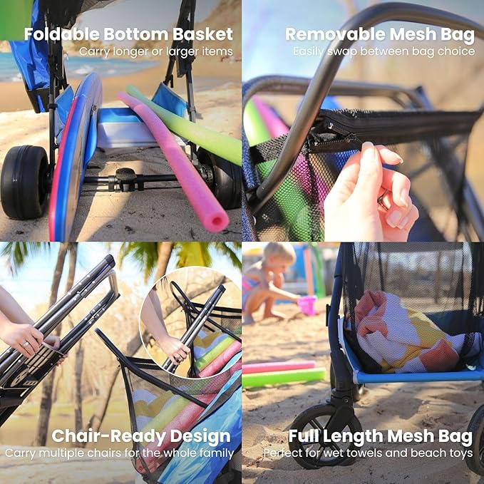 Strolee Large Wheeled Collapsible Beach Cart for Soft Sand, Shopping, Camping & Garden- Lightweight Aluminum Frame- Removable Storage Bag with Carrying Straps, X-L Capacity & Cooler Rack Dark Grey