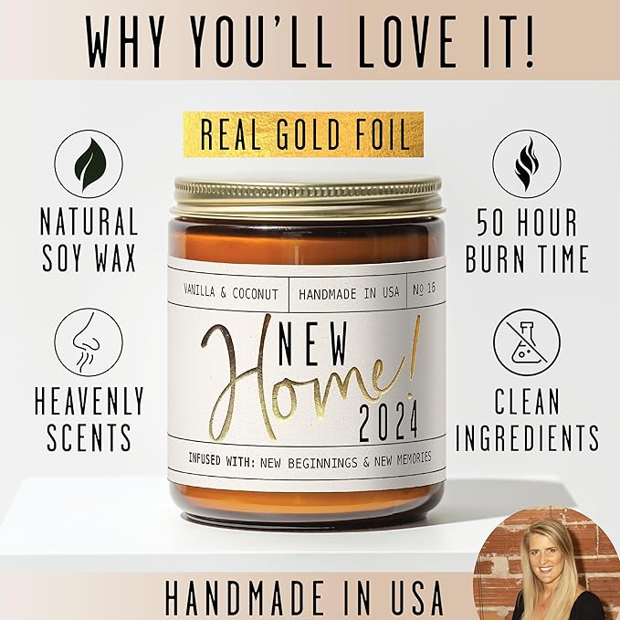 House Warming Gifts New Home, Housewarming Gifts New Home - 'New Home 2024' Soy Candle, w/Vanilla, Coconut & Vetiver I for New House, New Home Gifts I 9oz Jar, 50Hr Burn, Made in USA