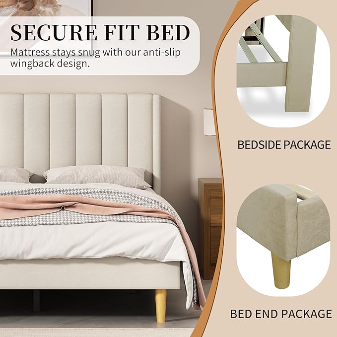Queen Size Upholstered Platform Bed Frame with Modern Wingback & Vertical Panel Headboard, Linen Fabric, Wooden Legs & Slats Support, No Box Spring Needed, Noise-Free & Easy Assembly, Beige