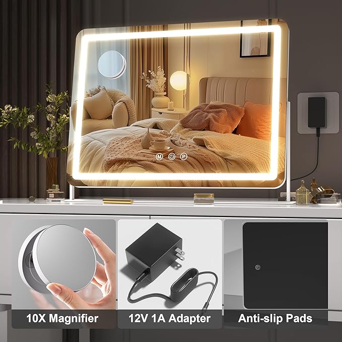Hasipu Vanity Mirror with Lights, 14" x 11" LED Makeup Mirror, Light up Mirror with 10X Magnification, Smart Touch 3 Colors Dimmable (White)