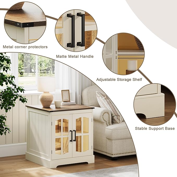 ChooChoo Farmhouse End Tables Set of 2, 24" Large Sofa Side Table with LED, Rustic Square Nightstand Set 2 with Glass Barn Door, Bedside Table with Storage for Living Room Beige（Cream and Brown