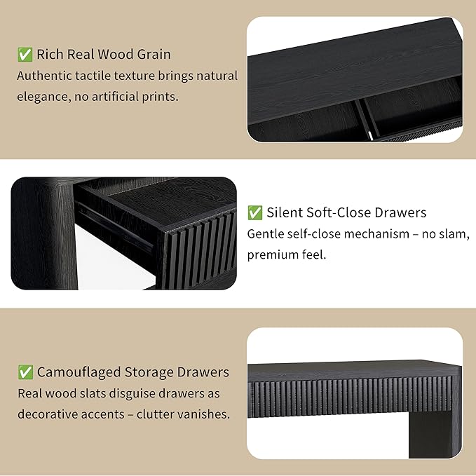 59.8”Rectangular Rustic Fluted Console Table with 2 Drawers,Solid Wood Entry Table Hallway Table, Modern Farmhouse Narrow Sofa Table for Foyer Living Room,Bedroom,Apartments-Black