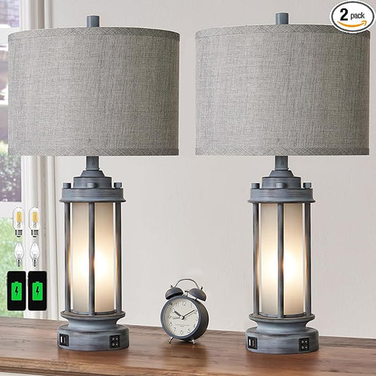 Set of 2 Rustic Table Lamps for Living Room, Farmhouse Vintage Nightstand Lamp with 2 USB Ports, Antique Retro Light Green Glass Night Light for Bedroom Entryway, 4 Bulbs Included