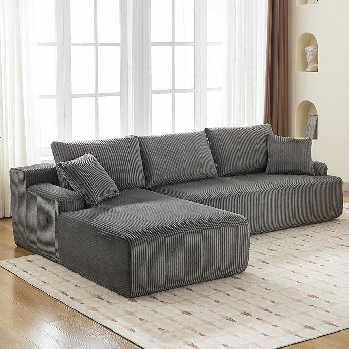 Sectional Cloud Couch for Living Room L Shaped Couch with 3 Seat Ind. Chaise Longue Corduroy Fabric Boneless Modular Modern Sofa with Pillows for Apartment and Small Space Grey