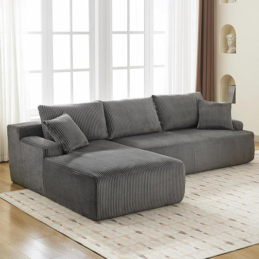 Sectional Cloud Couch for Living Room L Shaped Couch with 3 Seat Ind. Chaise Longue Corduroy Fabric Boneless Modular Modern Sofa with Pillows for Apartment and Small Space Grey