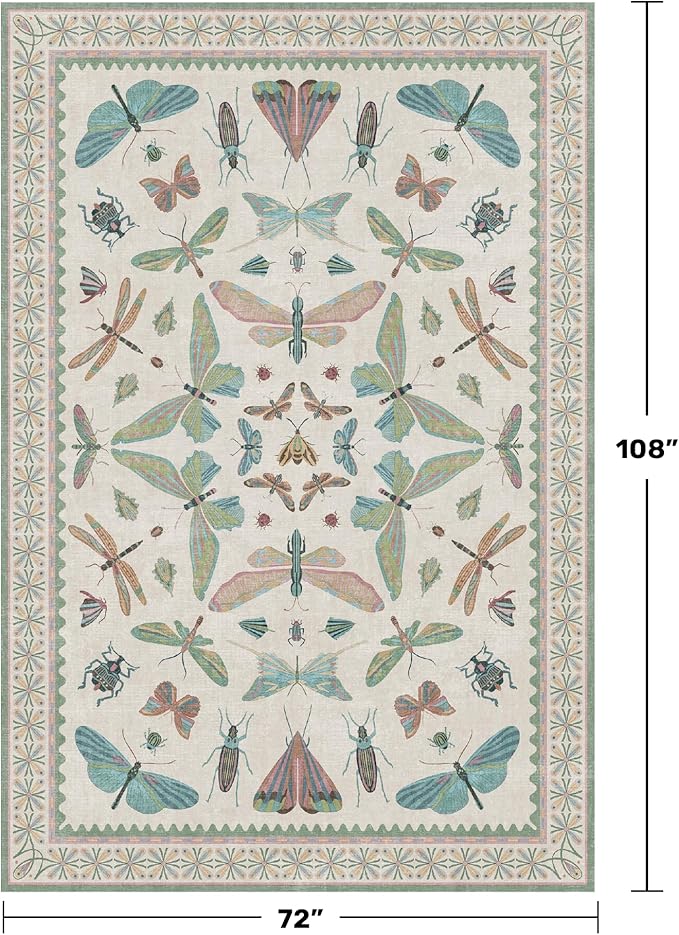 Sage Green Rugs for Bedroom Under Bed - 6x9 Area Rug for Living Room, Dining Room, Kids Playroom, Fun Insect Cute Décor,Ultra Soft Non Slip Stain Resistant