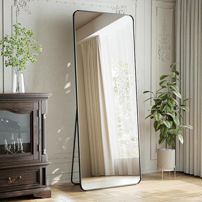 65"x24" Floor Full Length Mirror Standing Full Body Rounded Corner Rectangle Mirrors with Stand Hanging Wall Mounted Leaning Bedroom Living Room Bedroom Cloakroom,Black