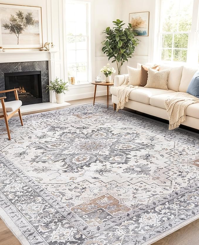 AMADA HOMEFURNISHING 8x10 Area Rugs, Low-Profile Large Washable Area Rug with Non-Slip Backing & Durable Edge Binding, Vintage Rugs for Living Room, Bedroom, Dinning Room