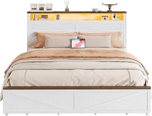 IRONCK Farmhouse Queen Size Bed Frame with LED Light and Charging Station, Wood Bed Frame with Storage Headboard and 2 Drawers， Barn Door Design, Sturdy and Noiseless, White
