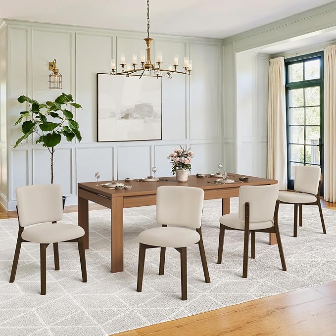 LUE BONA Wooden Dining Chairs Set of 4, Comfortable Wide Back Kitchen Side Chairs, Strong Thick Legs for Modern Farmhouse Dining Room, Linen Upholstered and Dark Brown Legs