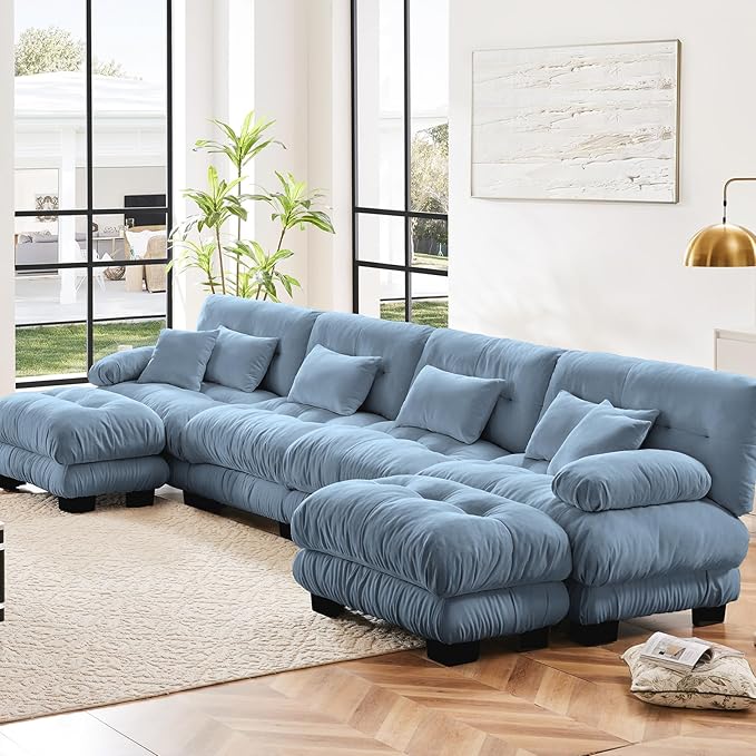 173.2" Oversized Couch, 4 Seater Modular Sectional Sofa, Blue Large U Shaped Sectional Couches for Living Room, Fluffy Chenille Fabric Cloud Couch with Ottoman, Deep Seat Sofas