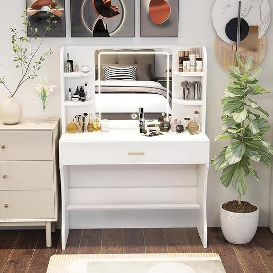 Vanity Desk, Makeup Vanity with Mirror and Lights, White Makeup Vanity Table with Big Drawer, Power Outlet, Stronger Links, for Bedroom, Dressing Room