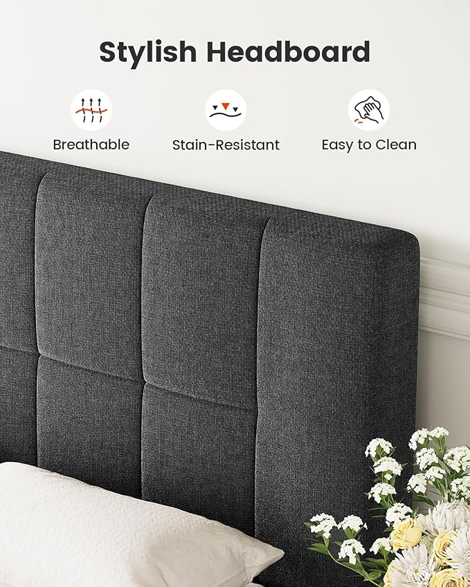 Amada Twin Platform Bed Frame with 12 Thickened Legs & Adjustable Fabric Upholstered Headboard, Solid Wooden Support 1300 Lbs Weight Capacity, No Box Spring Needed/Easy Assembly/Underbed Storage