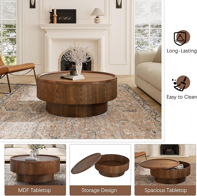 Round Coffee Table with Storage 30.7'' Modern Luxury Circle Drum Coffee Tables Farmhouse Rustic Wood Coffee Table Circle Pedestal Center Table for Living Room Apartment (Brown)