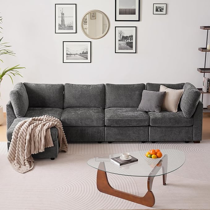 TEKAMON 123" Modular Sectional Sofa with Ottoman,Extra Large Comfy Cloud 4-Seat Deep Seat, Reversible Chaise Modular Sectional Couches for Living Room and Apartmenr,Grey