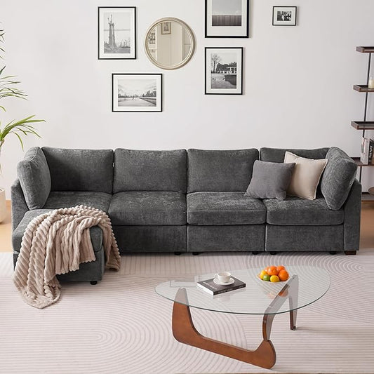 TEKAMON 123" Modular Sectional Sofa with Ottoman,Extra Large Comfy Cloud 4-Seat Deep Seat, Reversible Chaise Modular Sectional Couches for Living Room and Apartmenr,Grey