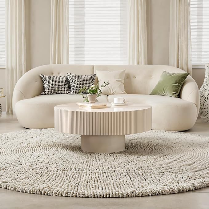 Modern Wood Coffee Table for Living Room - Handcraft Drum Coffee Tables with Sturdy Base, Small Round Fluted Coffee Table Tea Table for Apartment, Bedroom, Office - Easy Assemble (White 31")