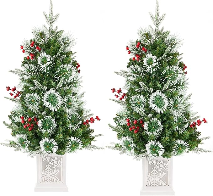 2 Pack Small 3FT Pre-Lit Snow Flocked Christmas Tree with Twinkling Lights for Home Office Christmas Decor- Battery Operated & Timer (Snowflake Base)