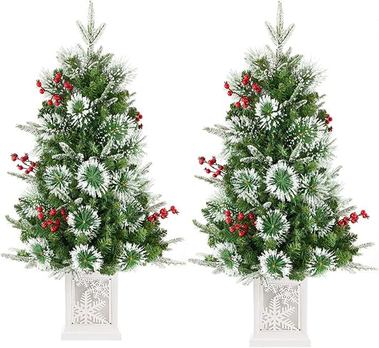 2 Pack Small 3FT Pre-Lit Snow Flocked Christmas Tree with Twinkling Lights for Home Office Christmas Decor- Battery Operated & Timer (Snowflake Base)
