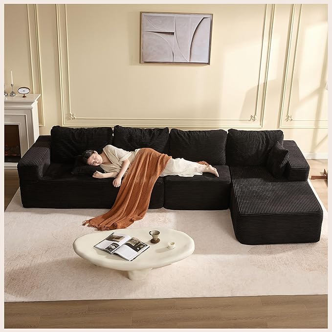 138" Boneless Couch with Deep Seat, Modular Sectional Sofa, Cloud Sectional Couch for Living Room, No Assembly Required, Corduroy, 4 Seater L-Shape Right, Black