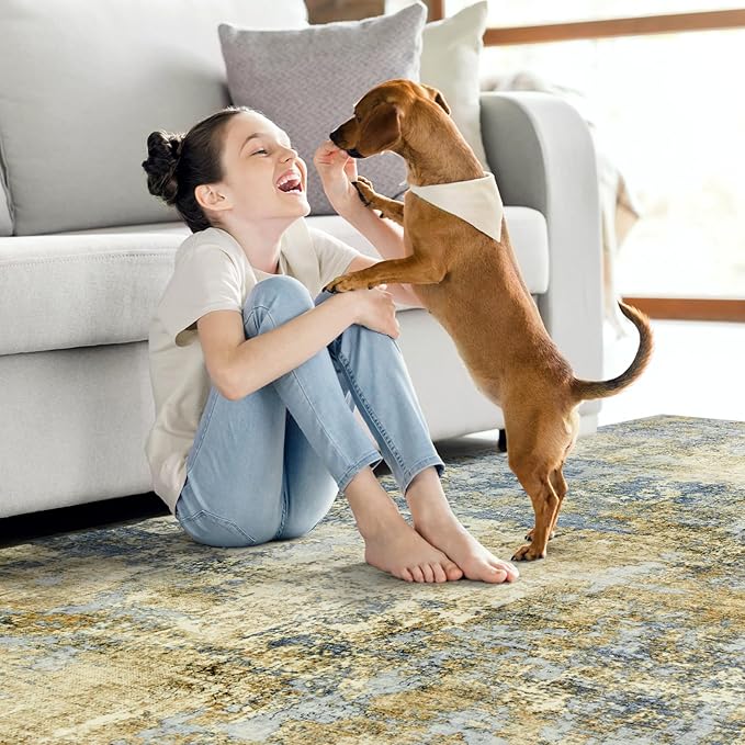 Area Rug Living Room Rugs - 5x7 Modern Abstract Soft Indoor Neutral Washable Rug Stain Resistant Non-Slip Low Pile Carpet for Bedroom Dining Room Home Office - Blue/Grey/Yellow