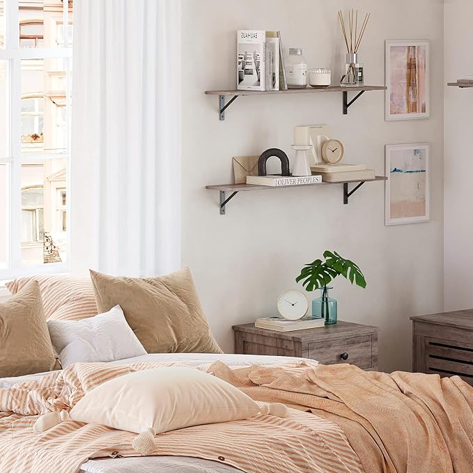 DINZI LVJ Long Wall Shelves, 39.4Inch Wall Mounted Shelves Set of 2, Easy-to-Install, Wall Storage Ledges with Sturdy Metal Brackets for Living Room, Bathroom, Bedroom, Kitchen, Greige