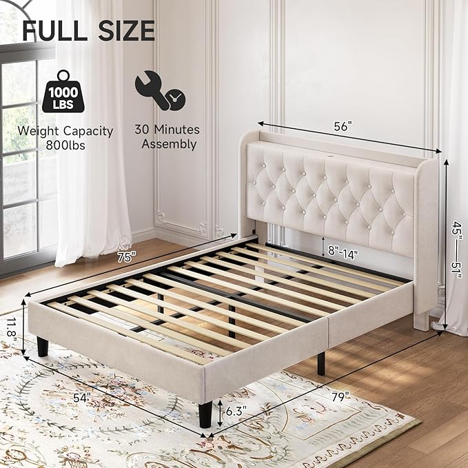 koorlian Full Size Bed Frame, Full Bed Frame with Headboard, Adjustable Velvet Upholstered Bed Frame with Type-C&USB Port, Wingback Storage Headboard, Solid Wood Slats Support, Noiseless, Beige
